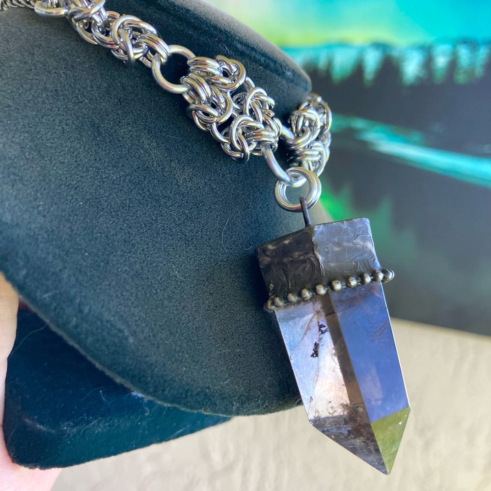 Handmade big raw black Smokey crystal quartz maille silver boho goth necklace - Picture 4 of 16